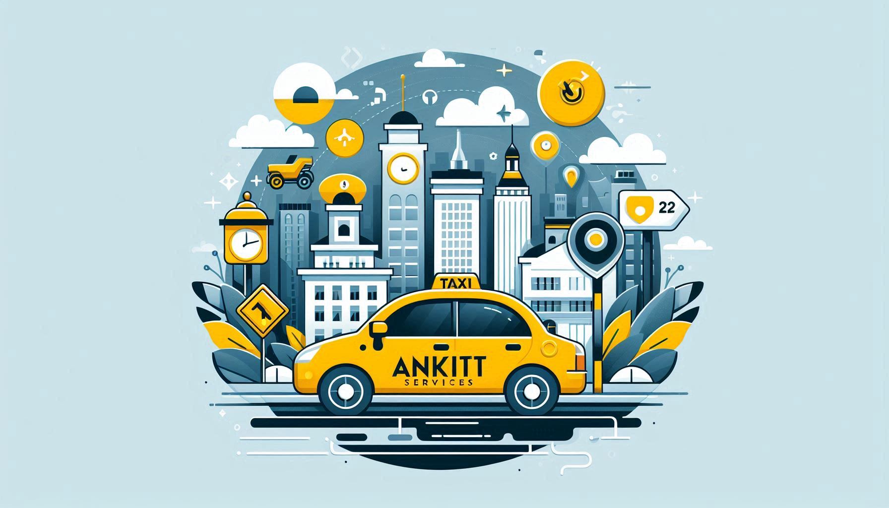 Taxi cab parked in front of a city background representing Ankit Services